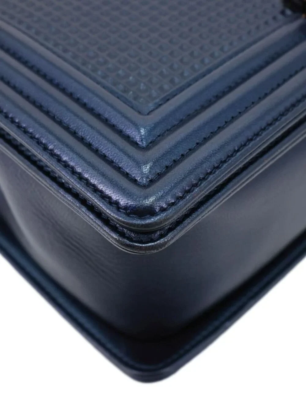 Chanel  Boy Flap Medium Cube Embossed Leather Shoulder Bag Navy Blue